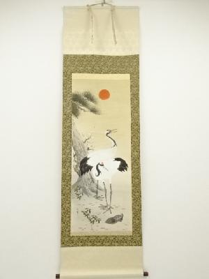 秀城筆　松竹梅鶴亀　肉筆絹本掛軸（中島清堂識箱）